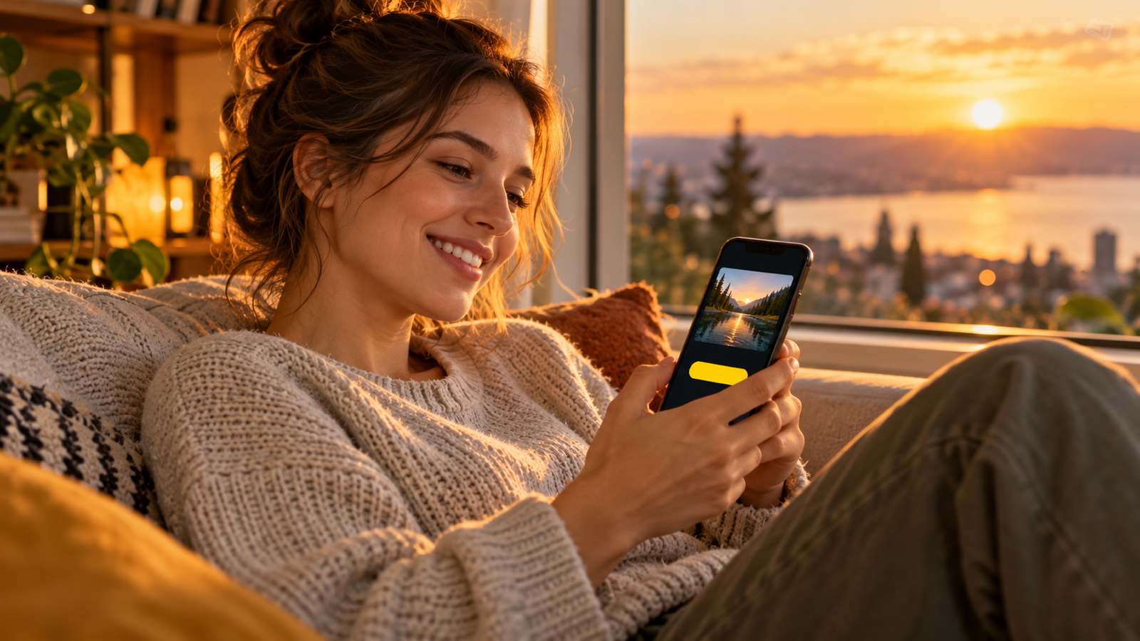 A young adult relaxing on a sofa by a window in evening light, holding an Android phone with a dark video app open