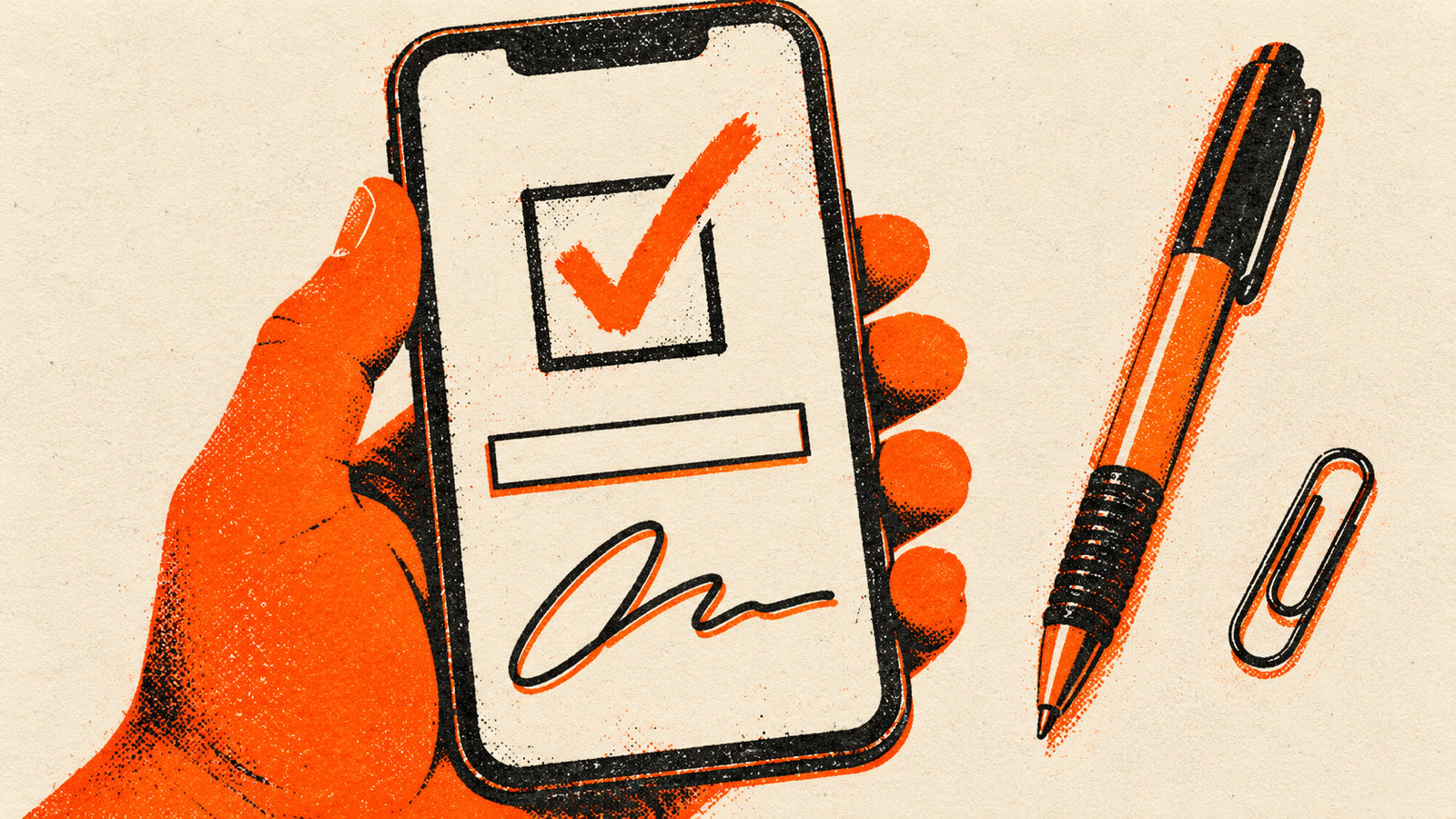 Two-colour risograph print in orange and black of a hand holding a phone that shows a form with a ticked checkbox, a blank text line and a signature, next to a pen and a paperclip