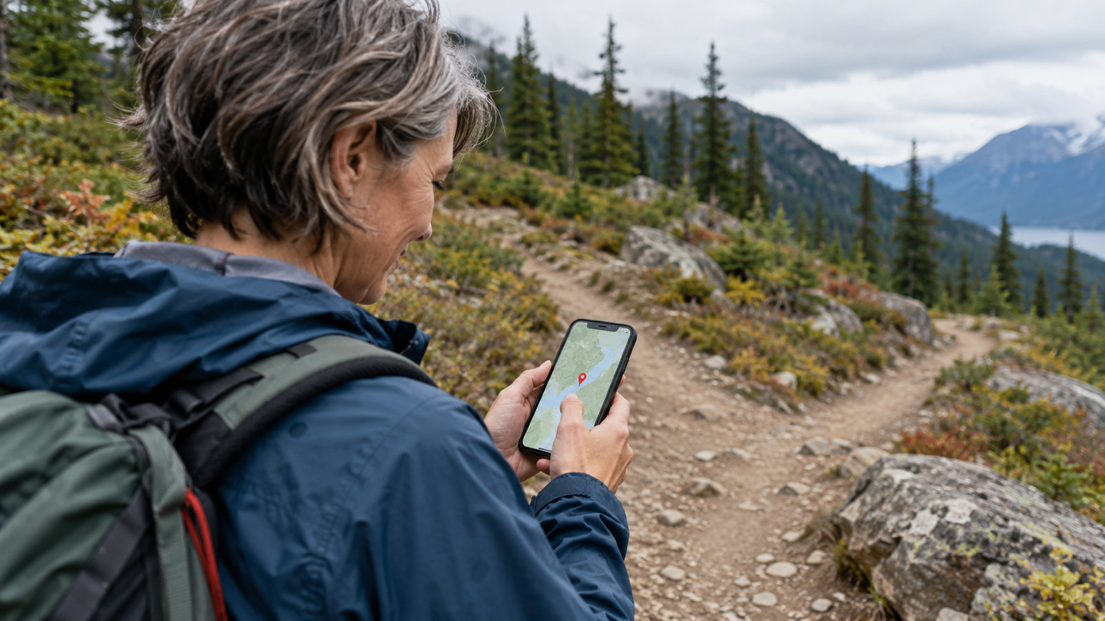 A hiker with a daypack stopped on a mountain trail, pressing her thumb on a map on her phone to drop a pin