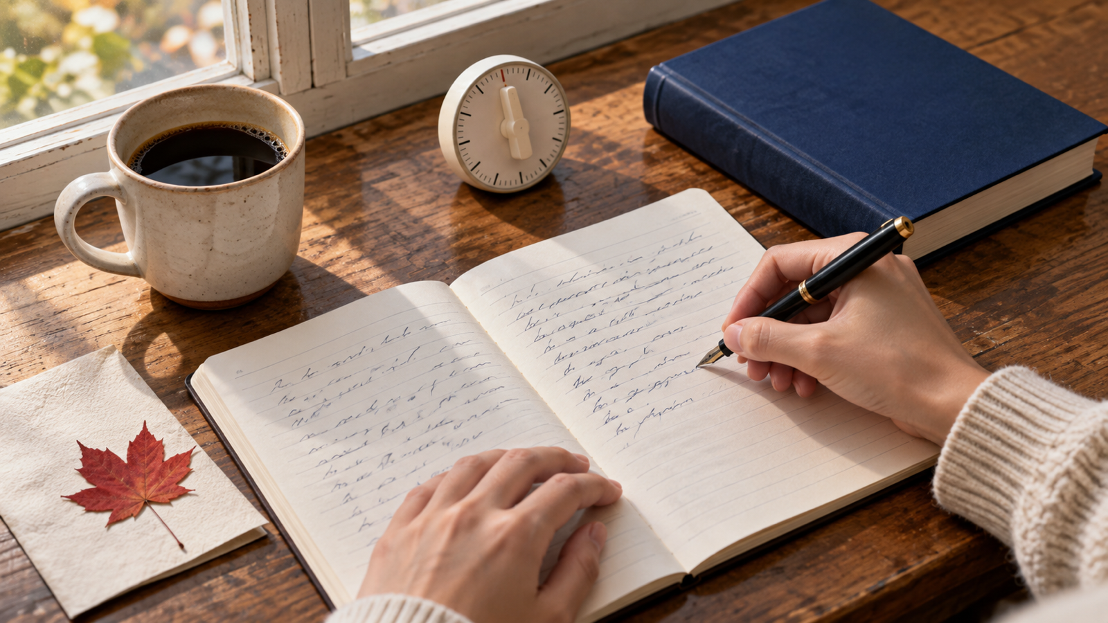 Hands writing French paragraphs in a notebook on a wooden desk next to a kitchen timer, a navy grammar book and a coffee