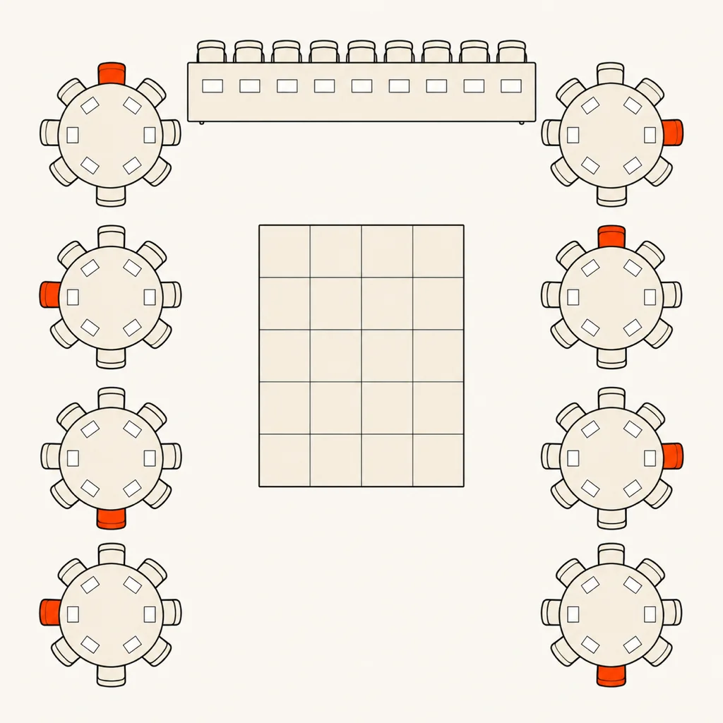 Flat illustration of a wedding reception floor plan: a long head table at the top, eight round tables with chairs, a dance floor in the middle and a few chairs highlighted in orange