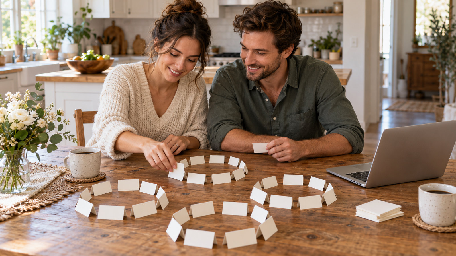 A couple at a kitchen table arranging handwritten guest name cards into circles that stand for round tables, with a laptop open beside them