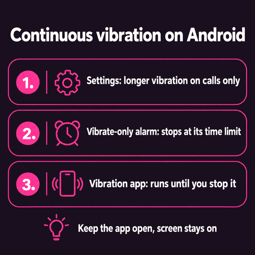 Card comparing three ways to get continuous vibration on Android: longer vibration for calls only, a vibrate-only alarm with a time limit, and a vibration app that runs until you stop it