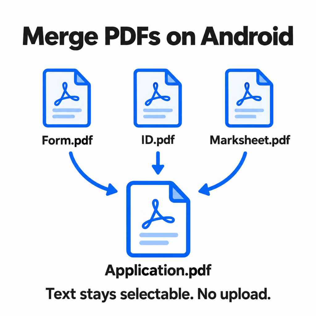 Diagram of three PDFs, Form.pdf, ID.pdf and Marksheet.pdf, merging into one Application.pdf, with the note that text stays selectable and nothing is uploaded