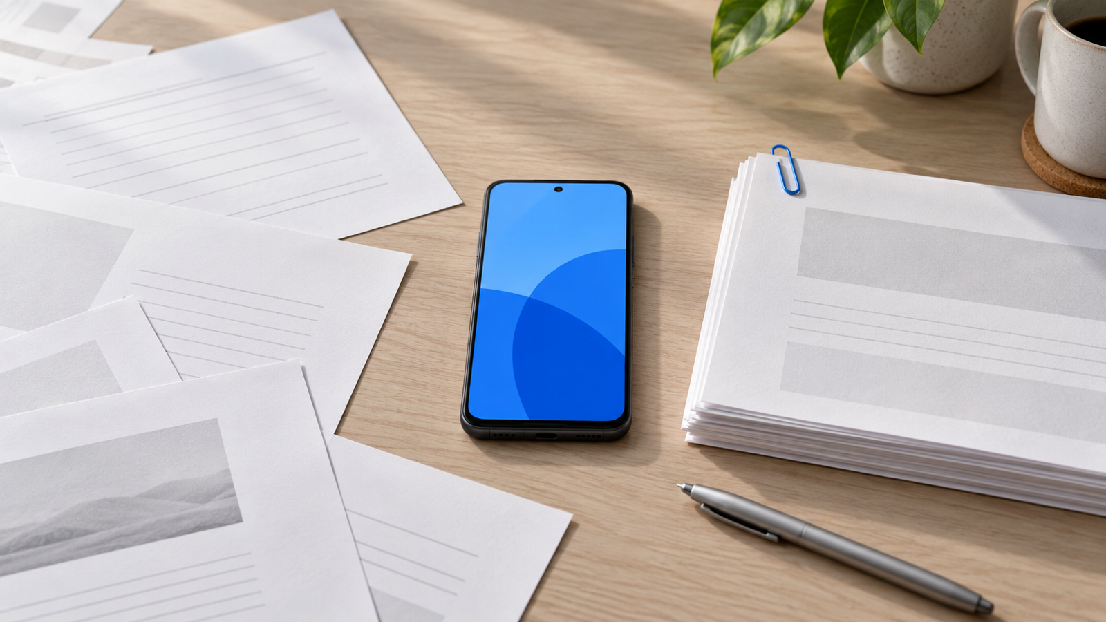 An Android phone on a desk with several separate printed documents being gathered into one neat stack