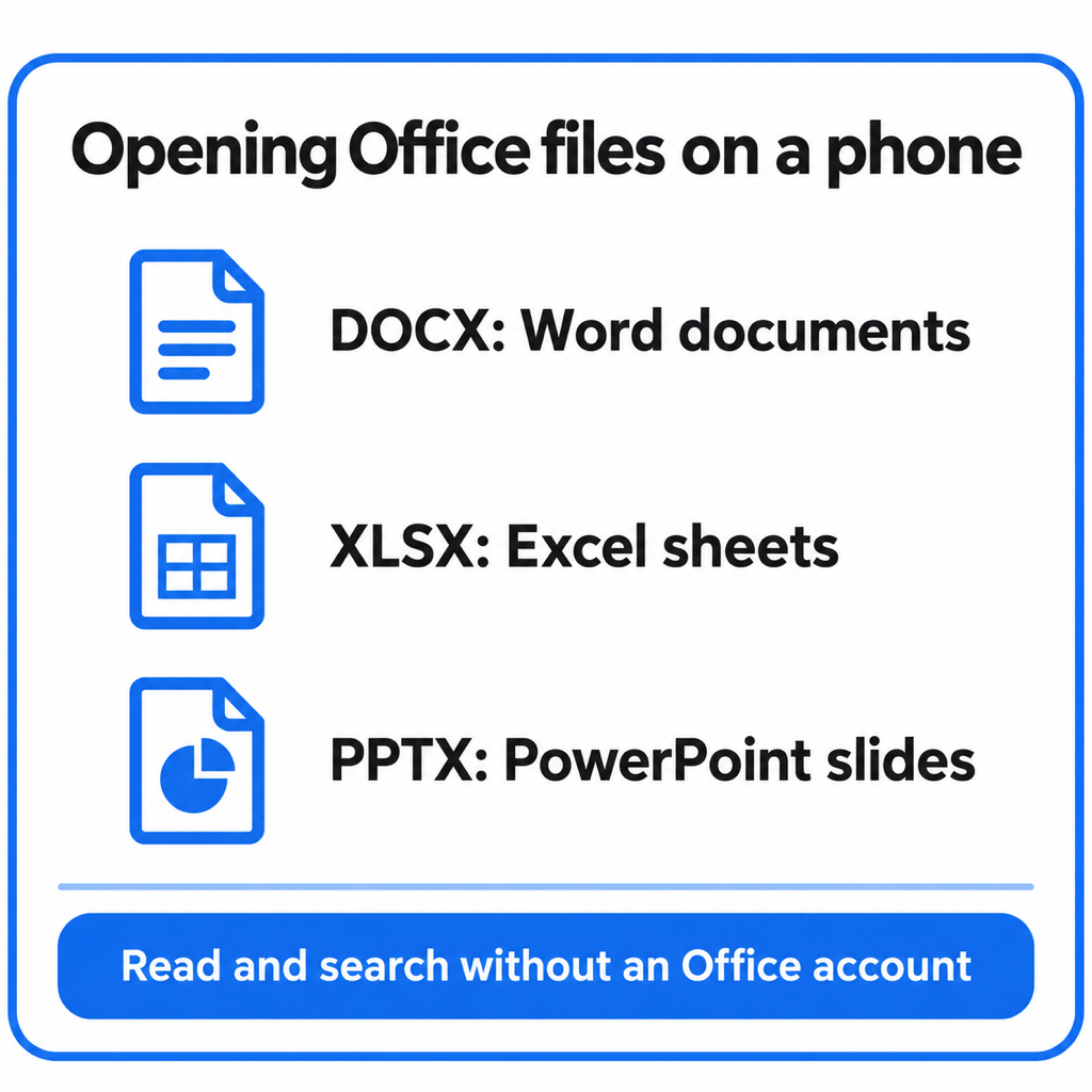 Card listing Office file types that open on a phone: DOCX for Word documents, XLSX for Excel sheets, PPTX for PowerPoint slides, readable without an Office account