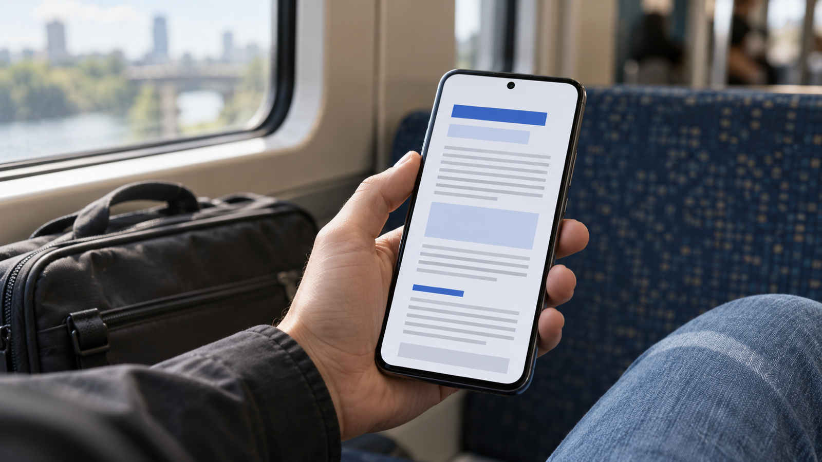 A hand holding an Android phone showing a formatted text document with headings, on a commute