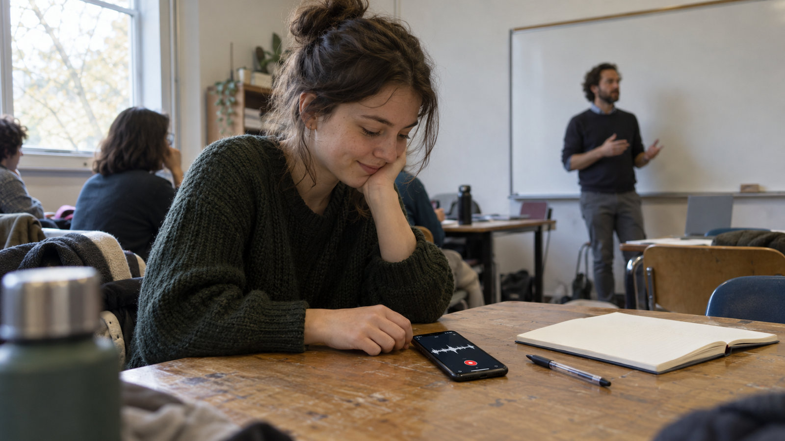 A student at a wooden desk in a seminar room glancing at an Android phone lying flat beside her notebook, its screen showing a red record button and a live waveform while the lecturer talks at the whiteboard behind her