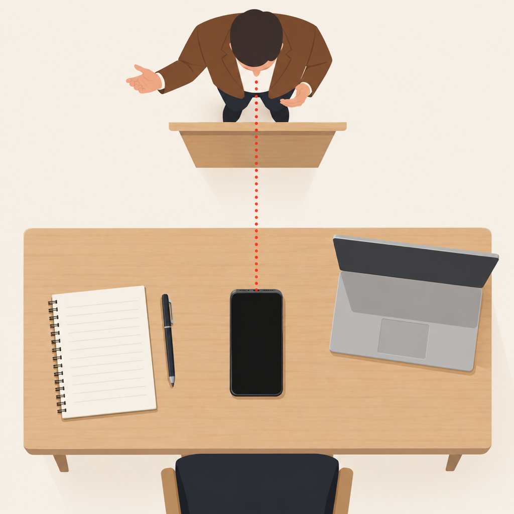 Top-down view of a desk: a phone lying flat with its microphone end pointing toward the lecturer, and the laptop pushed to the side