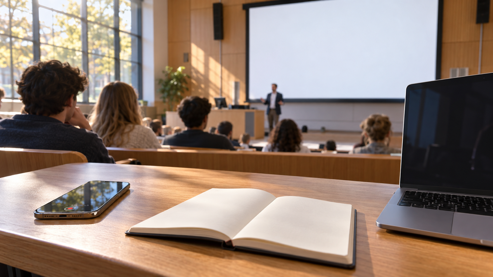 A phone lying on a lecture hall desk next to a notebook while a lecturer speaks at the front