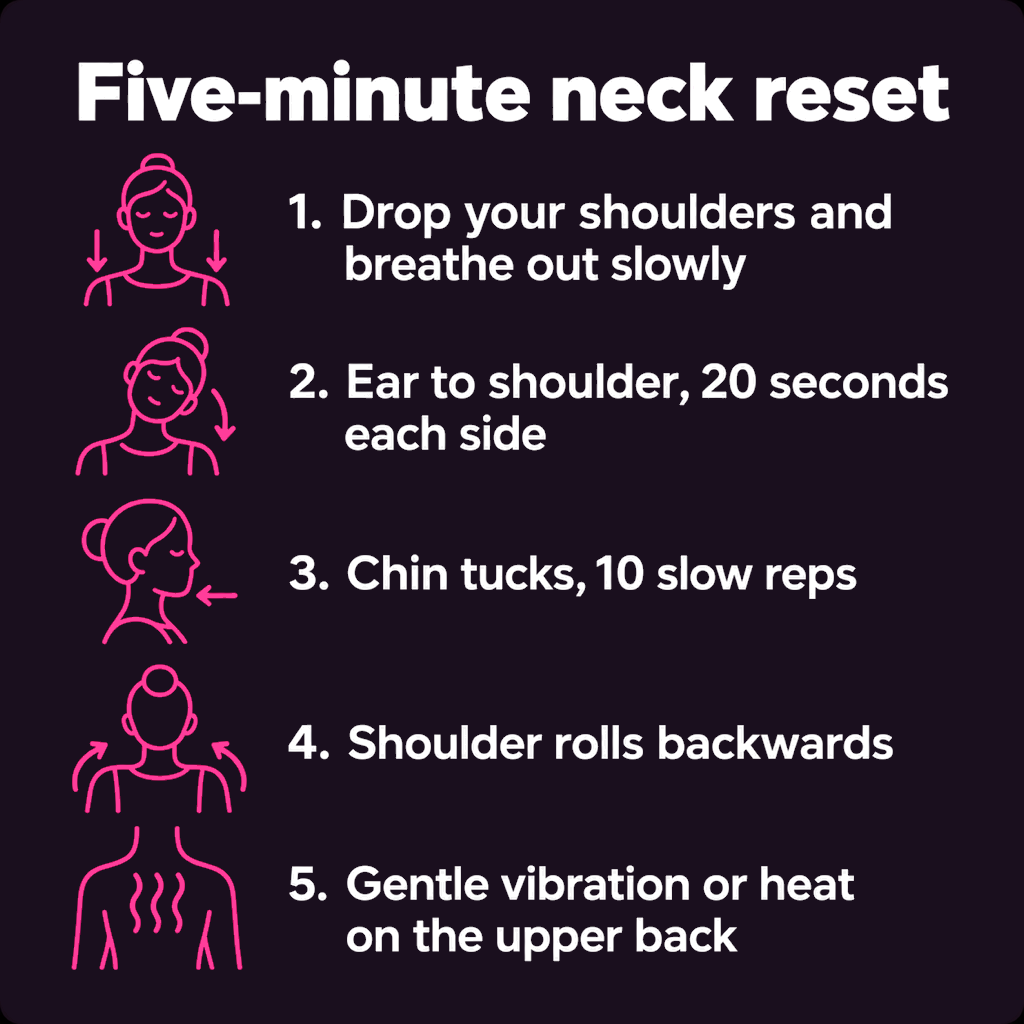 Five-minute neck reset card: drop your shoulders and breathe out slowly, ear to shoulder for 20 seconds each side, ten slow chin tucks, shoulder rolls backwards, then gentle vibration or heat on the upper back