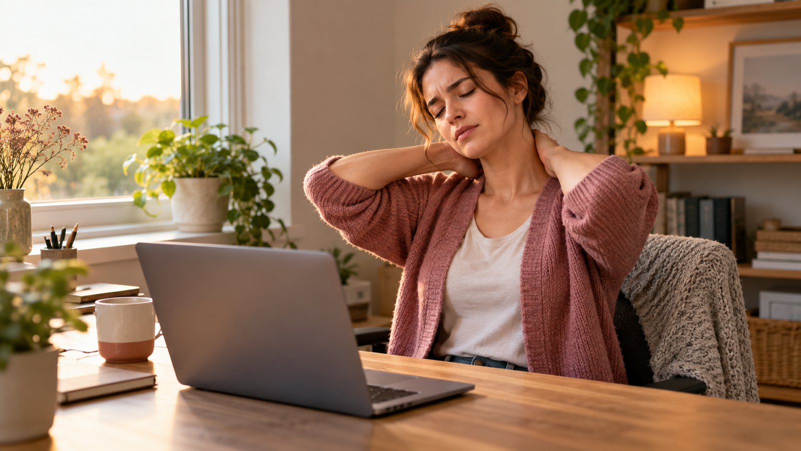 A young woman at a home office desk with her eyes closed, rubbing the back of her tense neck and shoulders