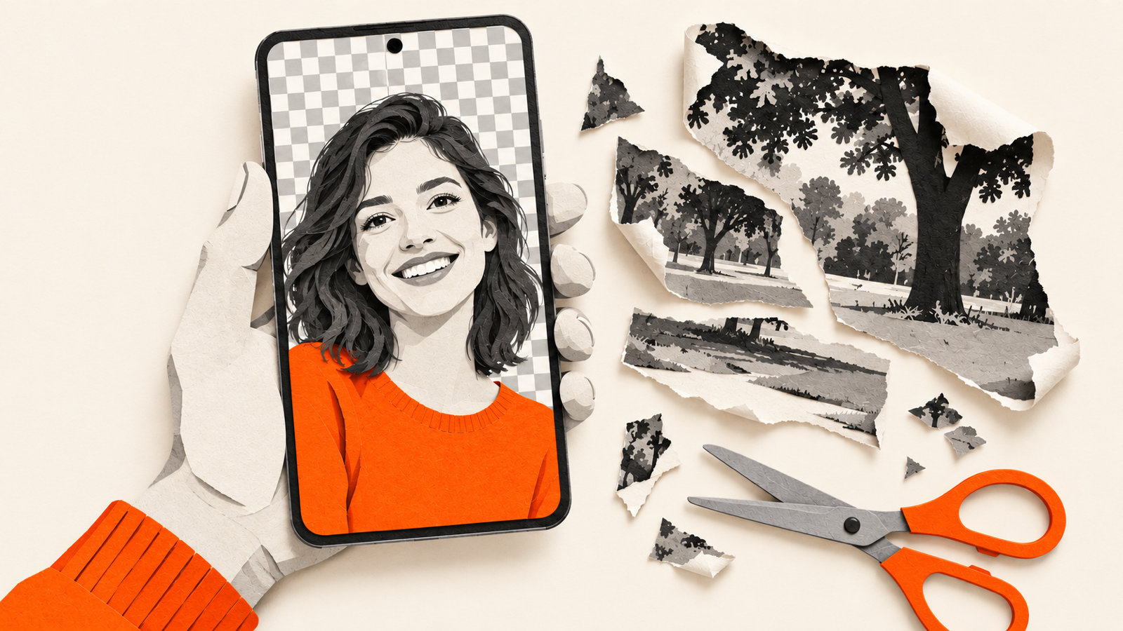Cut-paper collage of a hand holding an Android phone showing a smiling woman cut out on a checkerboard, with the torn-off park background and orange scissors lying beside it