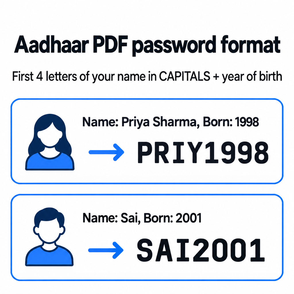 Aadhaar PDF password format card: first 4 letters of your name in capitals plus year of birth, with examples Priya Sharma born 1998 gives PRIY1998 and Sai born 2001 gives SAI2001