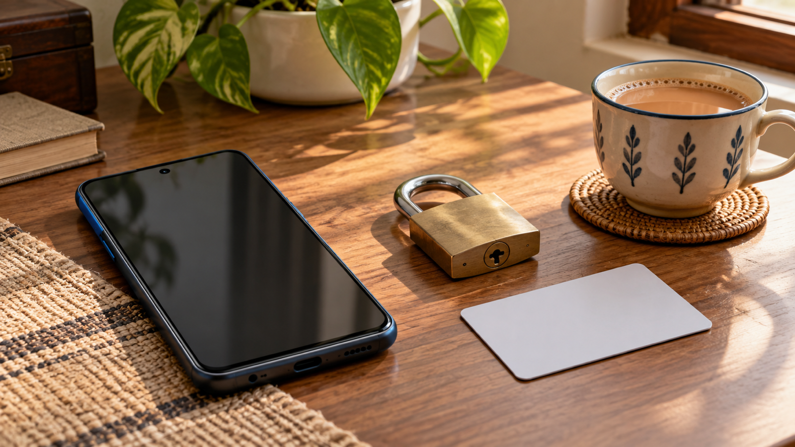 An Android phone on a desk beside a padlock and a face-down identity card, with a cup of chai
