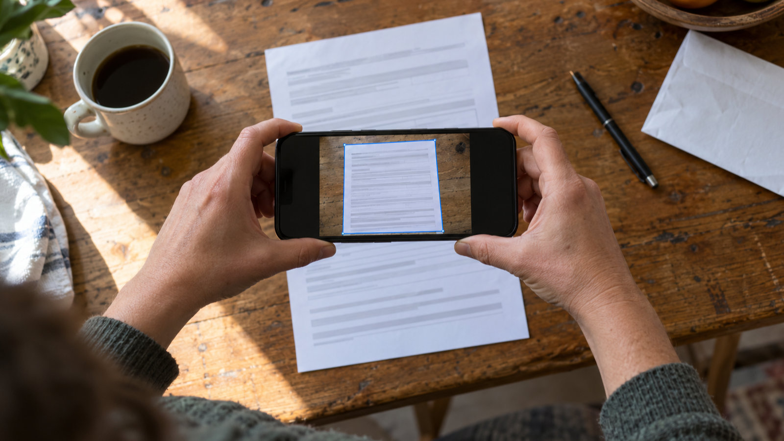 Hands holding a phone sideways above a printed form on a wooden kitchen table, the camera view outlining the page in blue, with a coffee mug, a pen and an envelope nearby