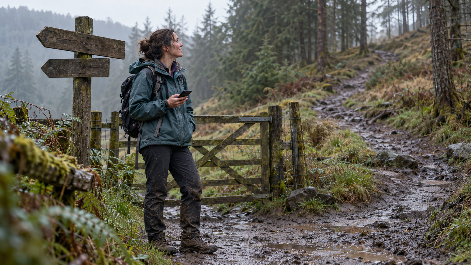 A hiker in a rain jacket waiting by a wooden trail signpost at the edge of a misty pine forest, holding a phone and looking up the trail