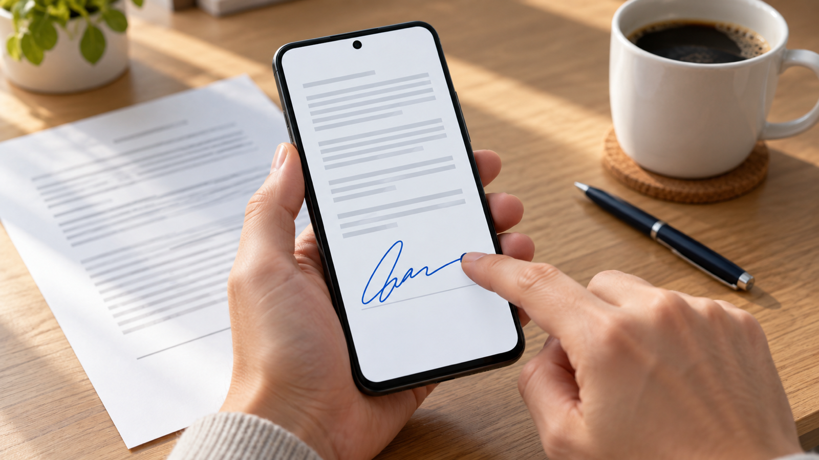 A hand holding an Android phone and drawing a blue signature on a document with a fingertip, above a desk with a printed contract and a coffee