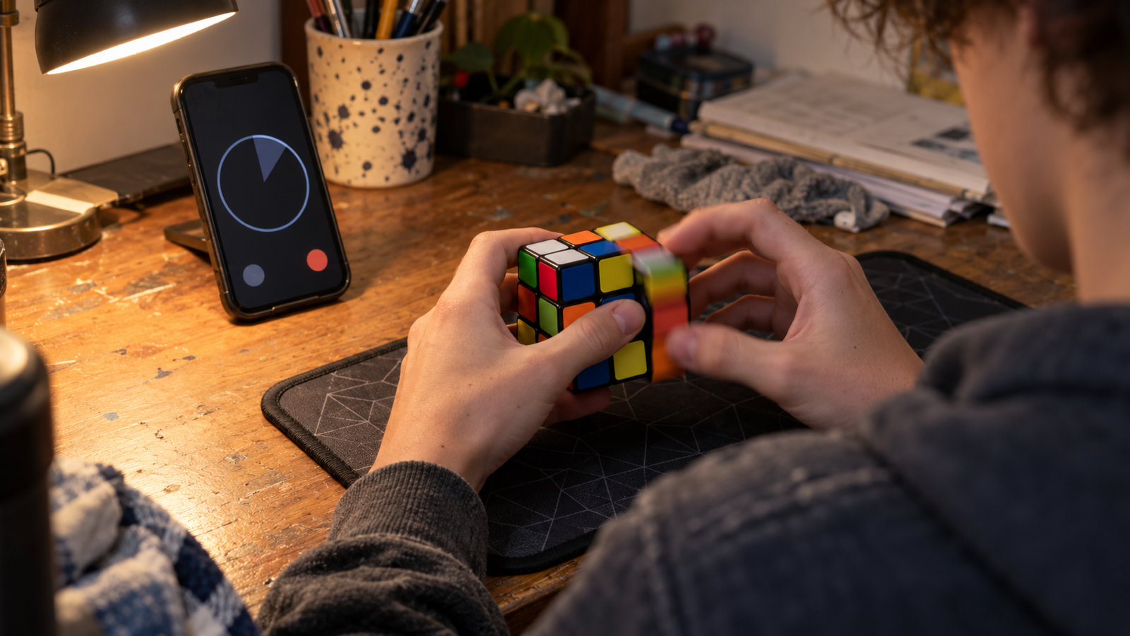 Hands turning a scrambled Rubik’s cube at a wooden desk under a lamp, with a phone timer propped up beside it
