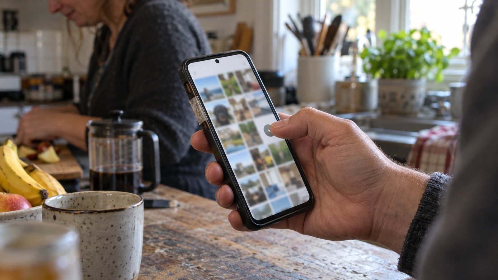 A hand holding an Android phone whose side power button is wrapped in tape, the thumb tapping a small round floating button near the edge of the screen