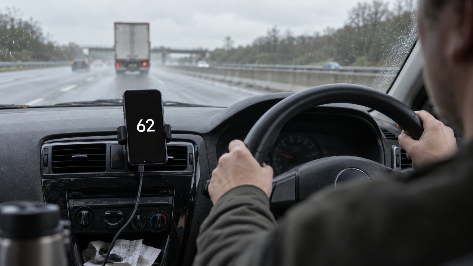 A phone in an air-vent mount on a car dashboard showing a large digital speed reading while driving on a motorway