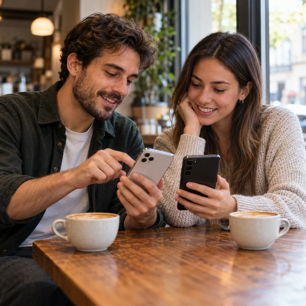 Two friends at a cafe table holding an iPhone and an Android phone side by side, one tapping to share a photo with the other