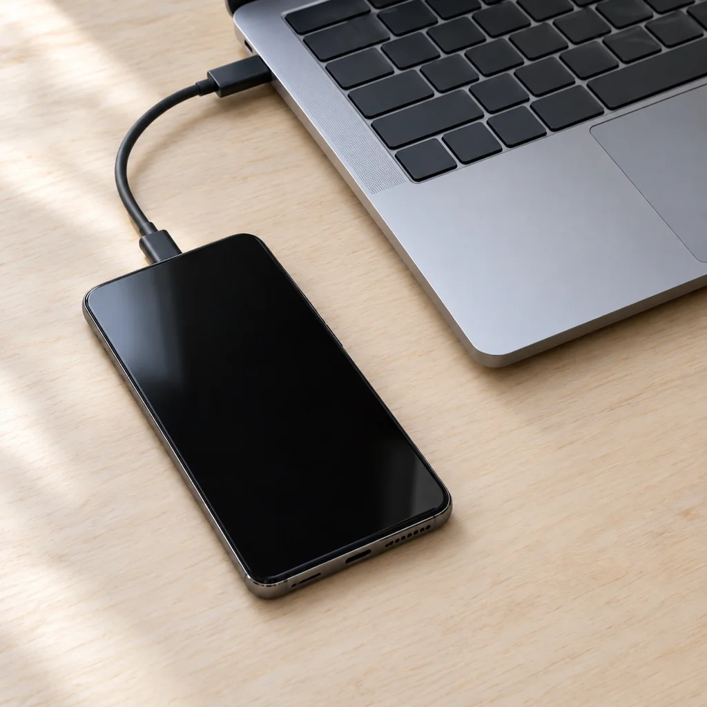 An Android phone with a dark screen connected to a MacBook by a USB-C cable on a clean wooden desk, soft daylight coming from a window on the left