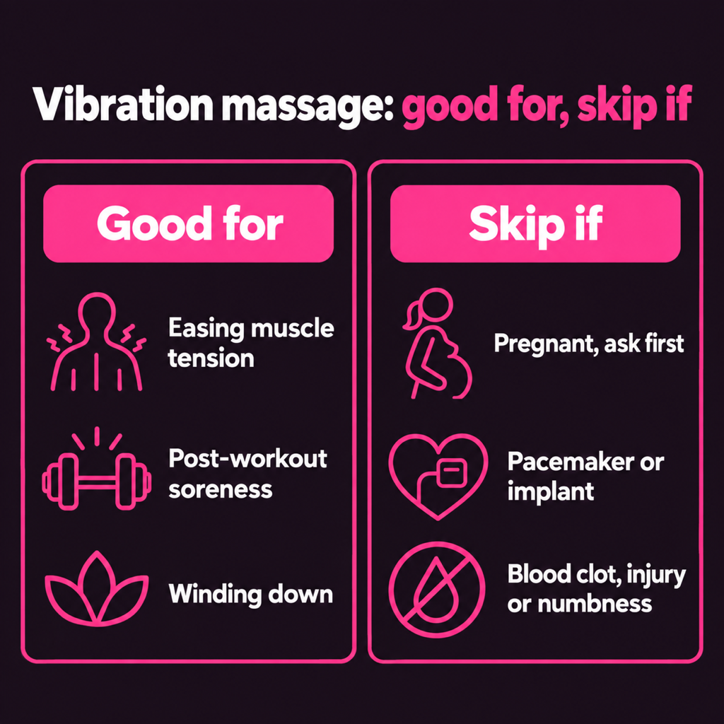 Card: vibration massage is good for easing muscle tension, post-workout soreness and winding down; skip it or ask a doctor if you are pregnant, have a pacemaker or implant, or a blood clot, injury or numbness