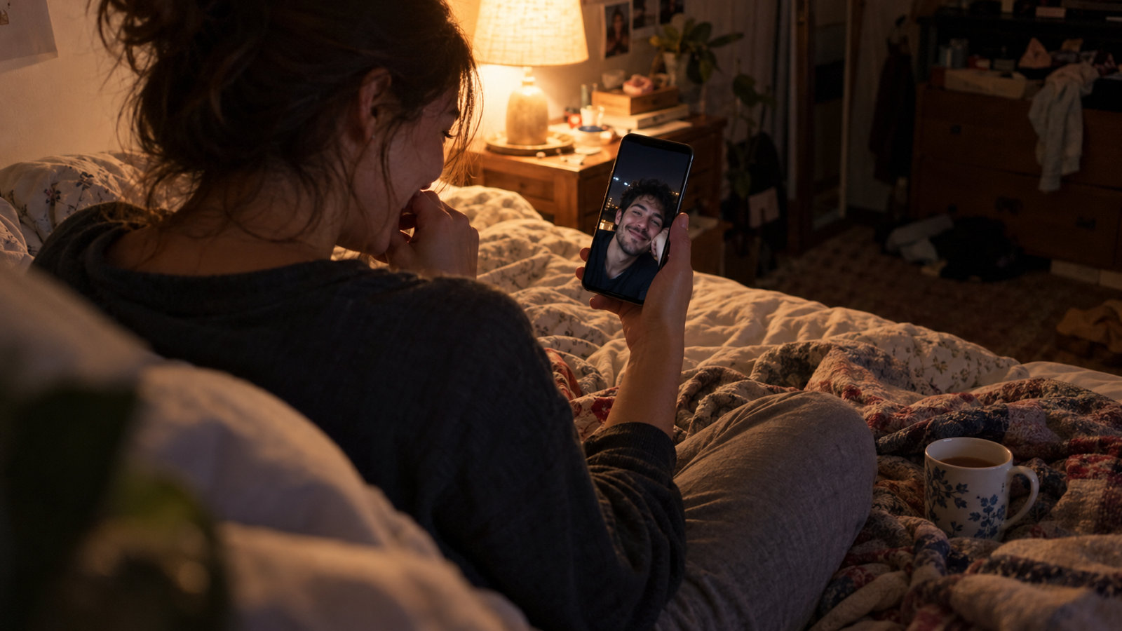 A young woman sitting cross-legged on her bed under a warm lamp, laughing at her phone during a video call with her boyfriend, who laughs back from another city at night