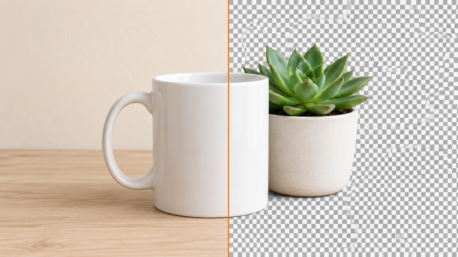 A mug and a small plant on a desk, with the right half of the background replaced by a transparency checkerboard