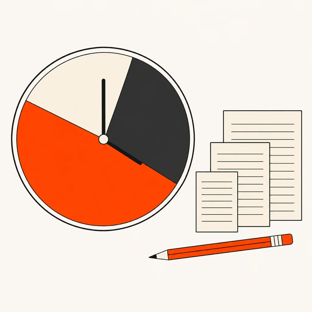 Illustration à plat d’un grand cadran divisé en trois parts inégales, crème, anthracite et orange, à côté de trois feuilles lignées de taille croissante et d’un crayon