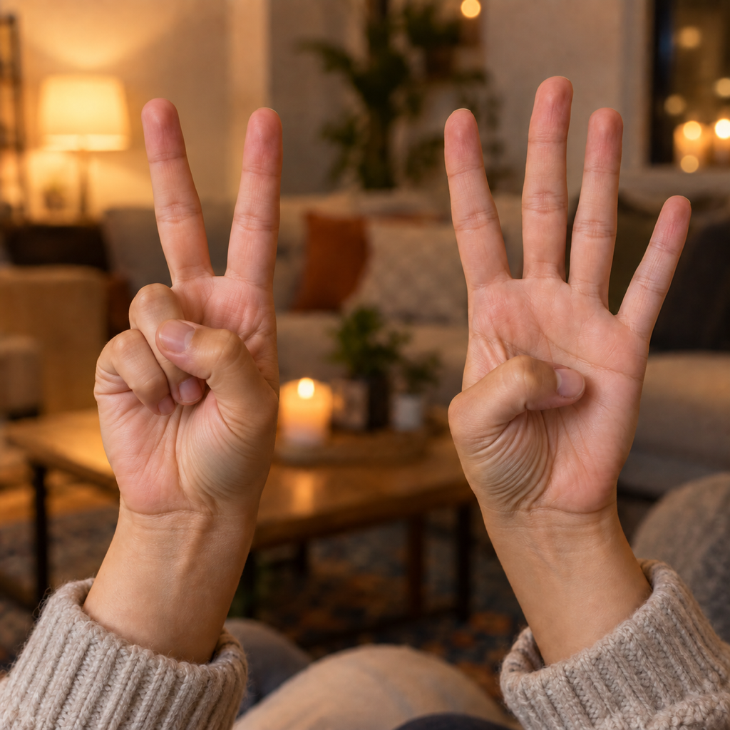 Two raised hands with some fingers folded down, playing the ten-finger version of Never Have I Ever