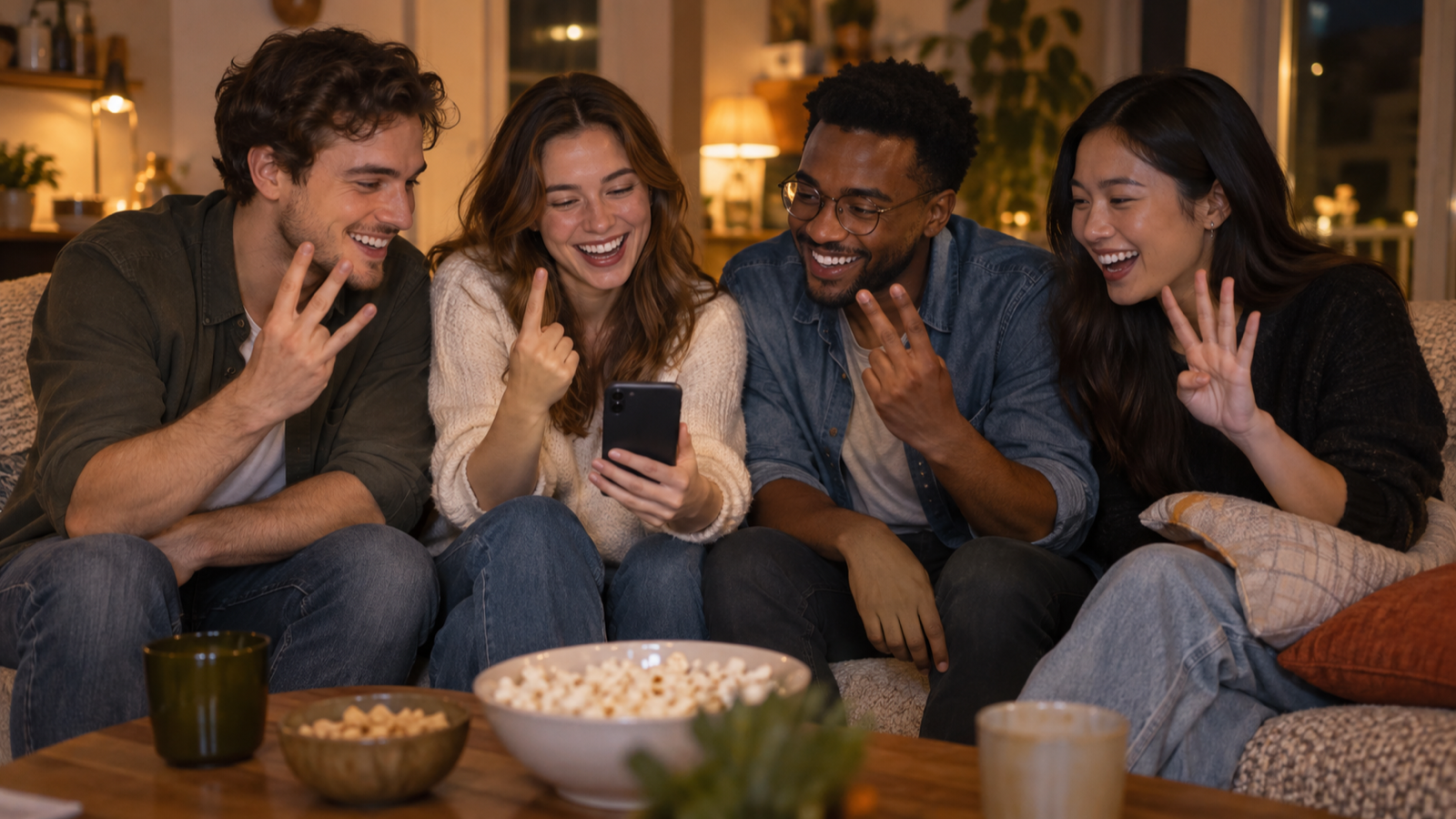Four friends on a sofa laughing with fingers folded down, one holding a phone toward the group