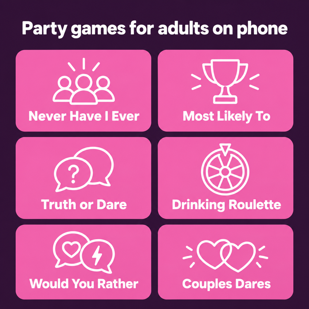 A plum coloured card headed Party games for adults on phone with six pink tiles: Never Have I Ever, Most Likely To, Truth or Dare, Drinking Roulette, Would You Rather and Couples Dares