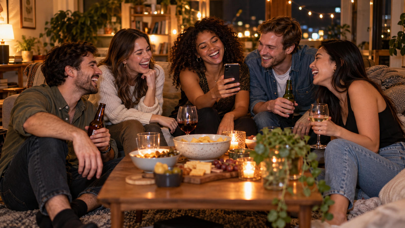 Five adult friends laughing around a low coffee table at a house party at night, one holding up a phone for everyone to see