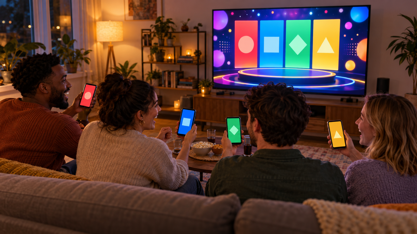 Friends on a sofa holding phones toward a TV showing a colourful game screen