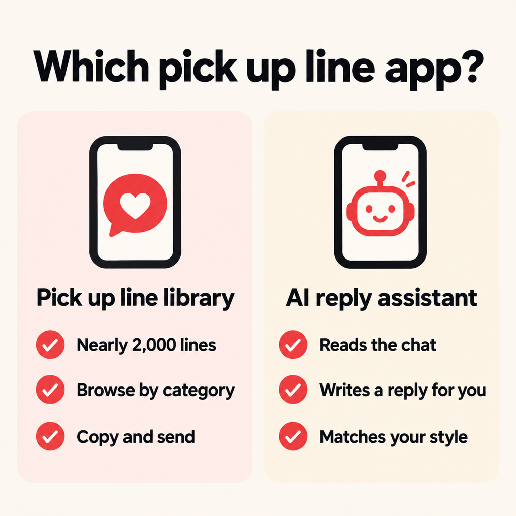 A comparison card headed Which pick up line app, with two panels: pick up line library (nearly 2,000 lines, browse by category, copy and send) and AI reply assistant (reads the chat, writes a reply for you, matches your style)