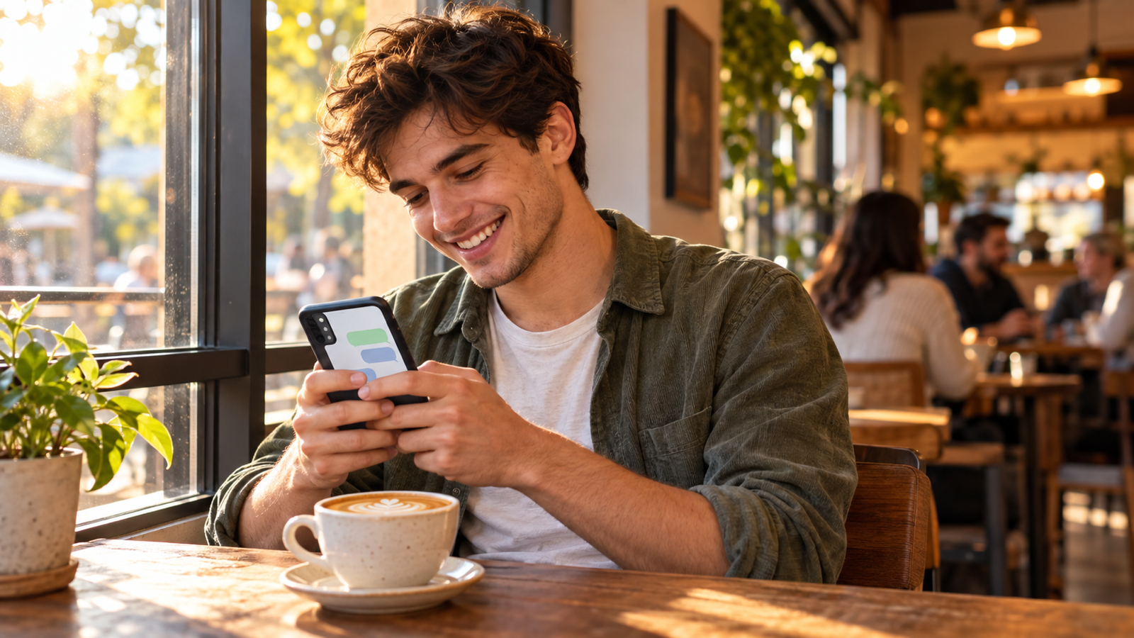 A young man at a café window seat grinning at his phone while typing a message, a latte on the table in afternoon light