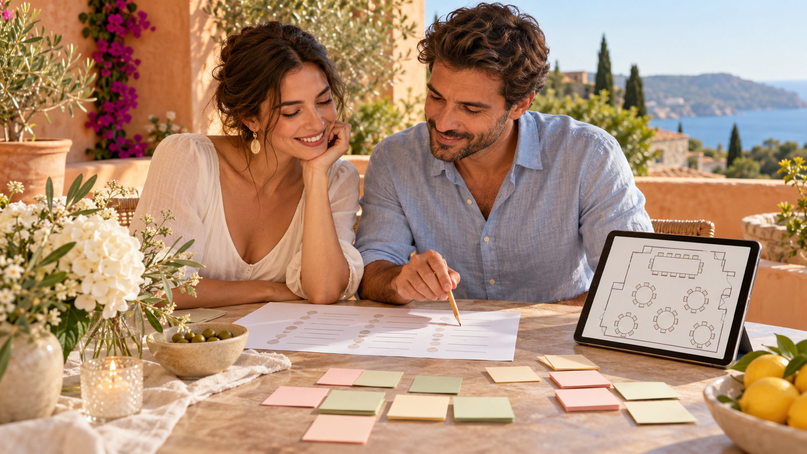 Una pareja en una terraza planifica su boda con la lista de invitados impresa, notas adhesivas agrupadas y una tableta con el croquis del salón