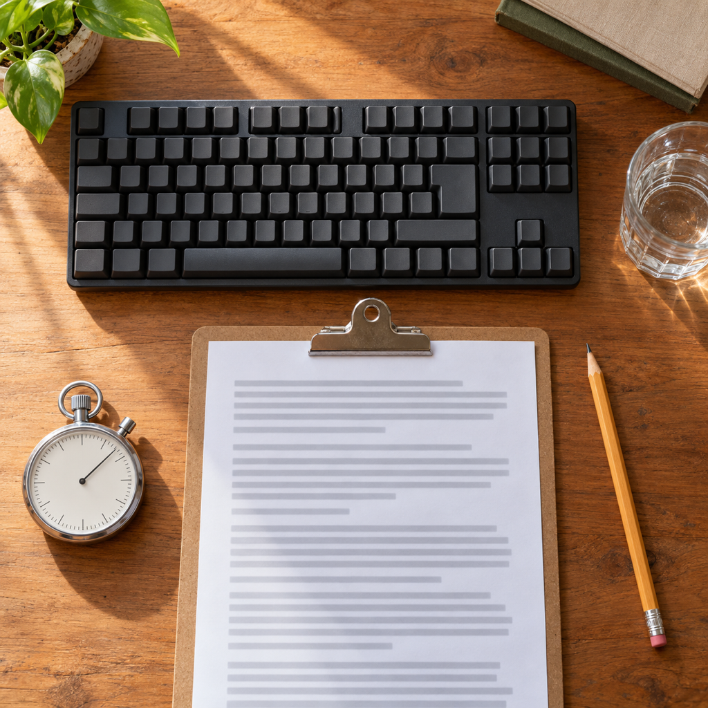 Vista cenital de un escritorio de estudio: teclado español con la tecla Ñ, un texto impreso bajo una pinza, un cronómetro en marcha y un lápiz