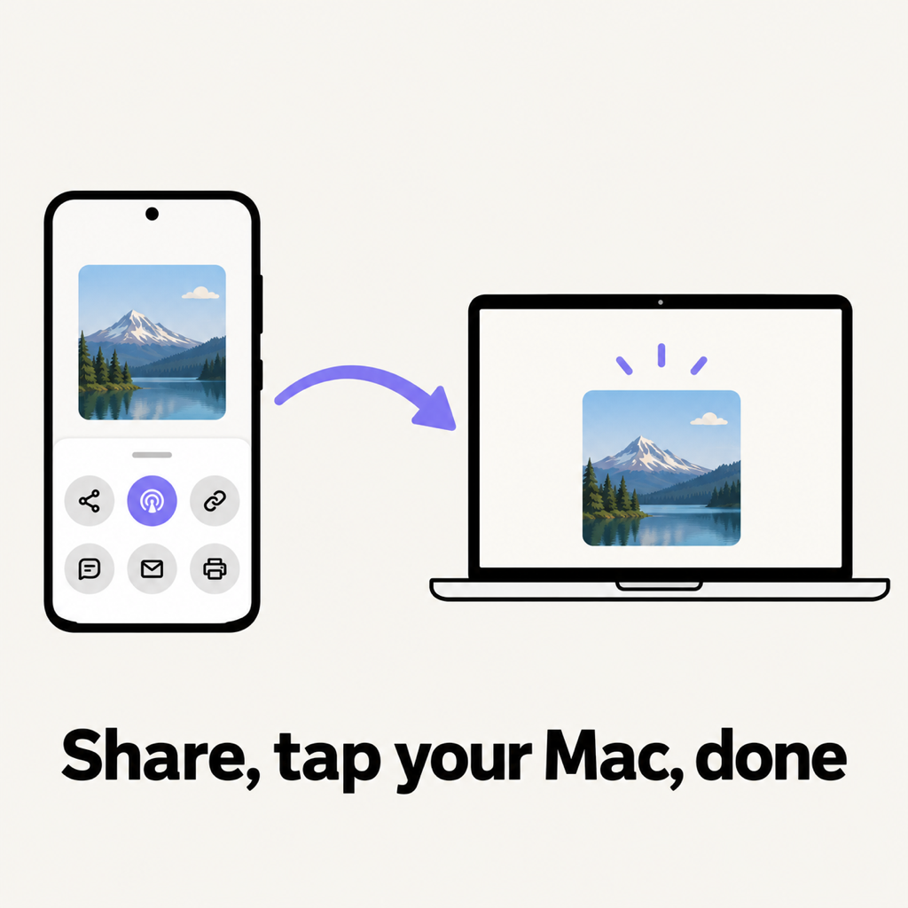 An Android phone share sheet with one icon highlighted, an arrow curving to a MacBook where a photo lands, captioned share, tap your Mac, done