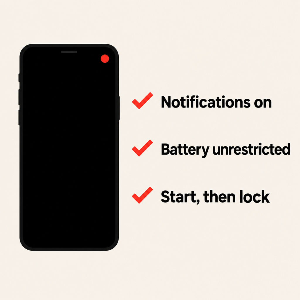 Checklist beside a phone with a dark screen: notifications on, battery unrestricted, start then lock