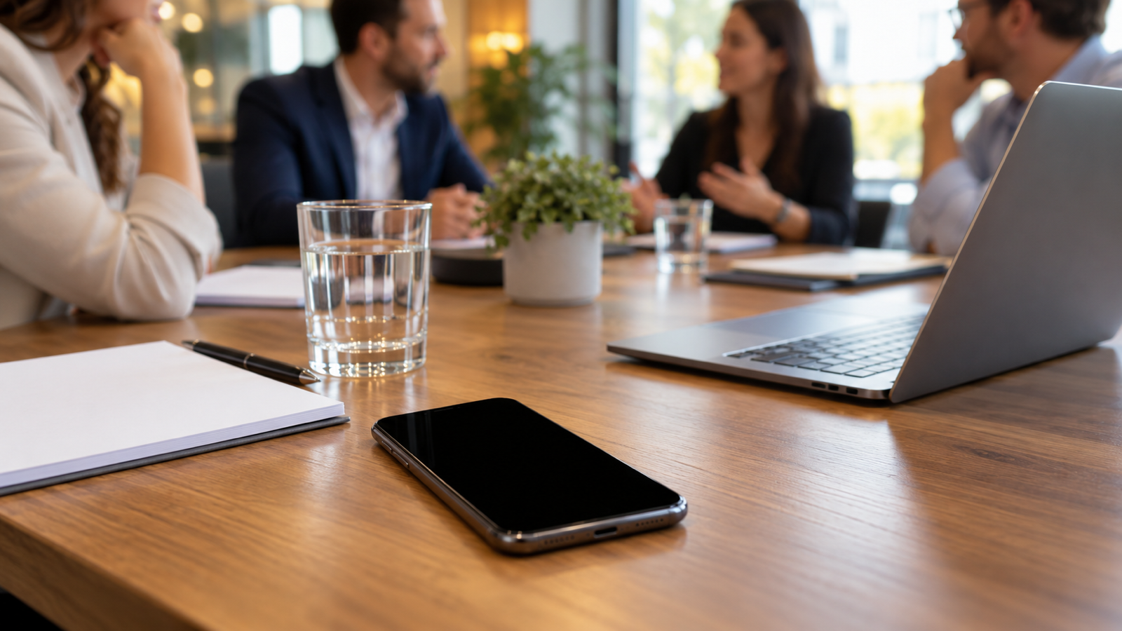 A phone lying face up on a meeting table with its screen switched off, next to a laptop and notes
