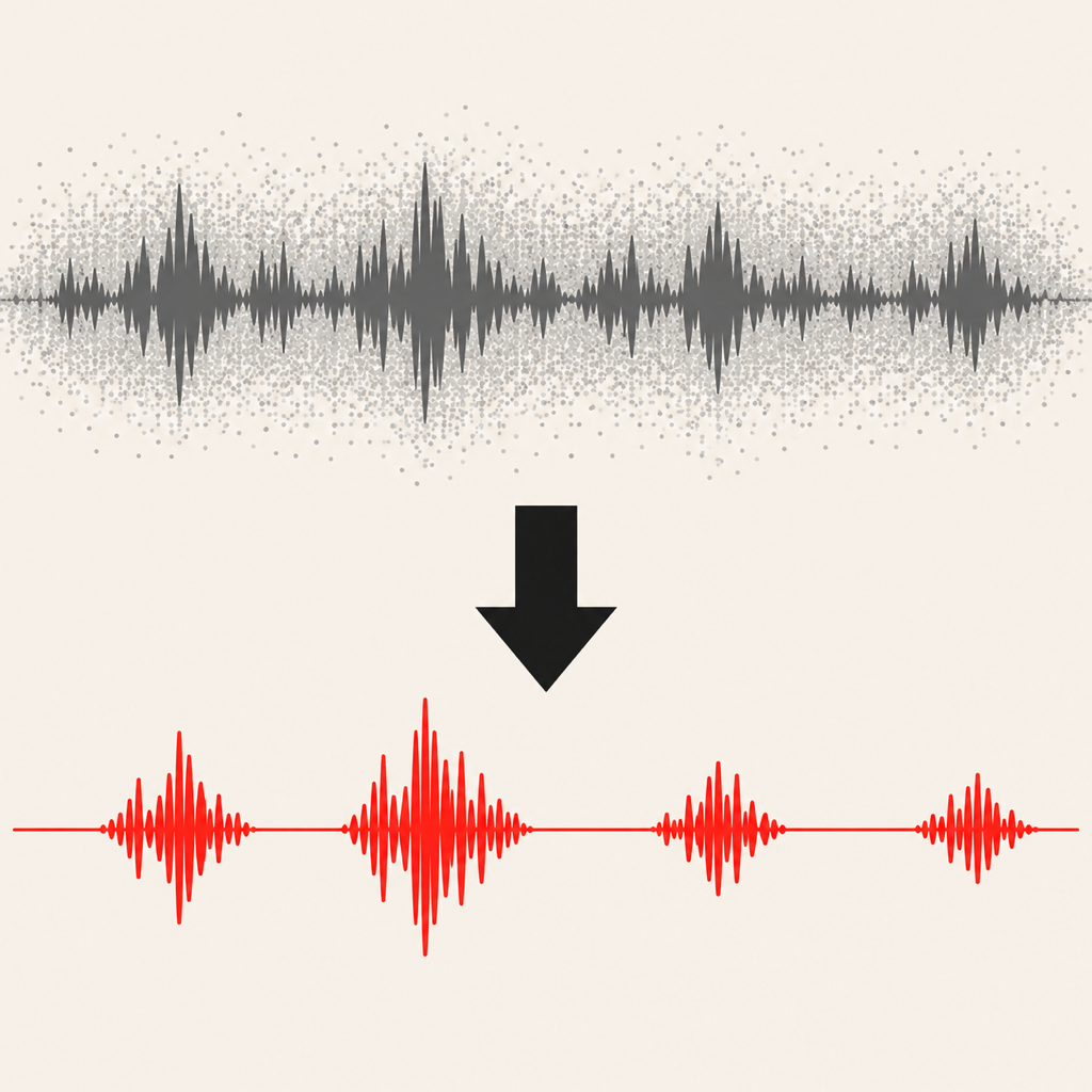 A noisy grey audio waveform above the same waveform cleaned up in red, with flat silence between the words
