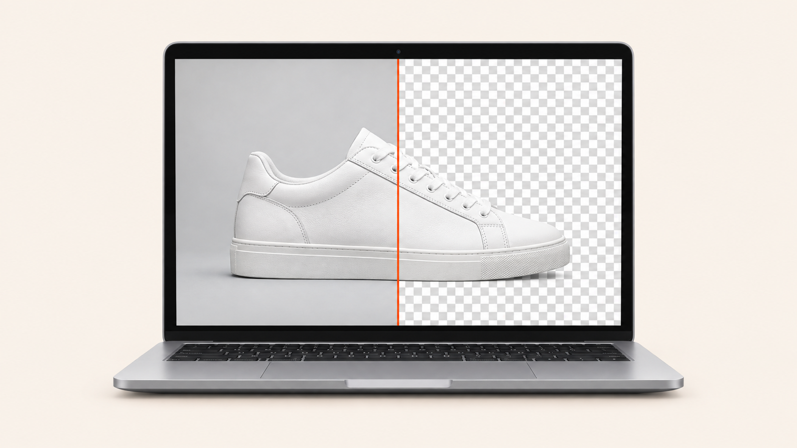 A laptop showing a product photo of a sneaker with half of the background cut away to a transparency checkerboard