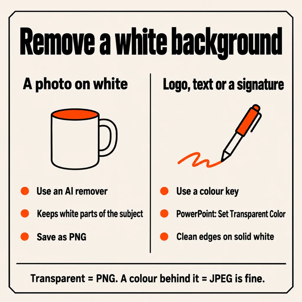 Card titled Remove a white background. Left, a photo on white: use an AI remover, it keeps white parts of the subject, save as PNG. Right, logo, text or a signature: use a colour key, PowerPoint Set Transparent Color, clean edges on solid white. Footer: transparent means PNG, a colour behind it can be JPEG