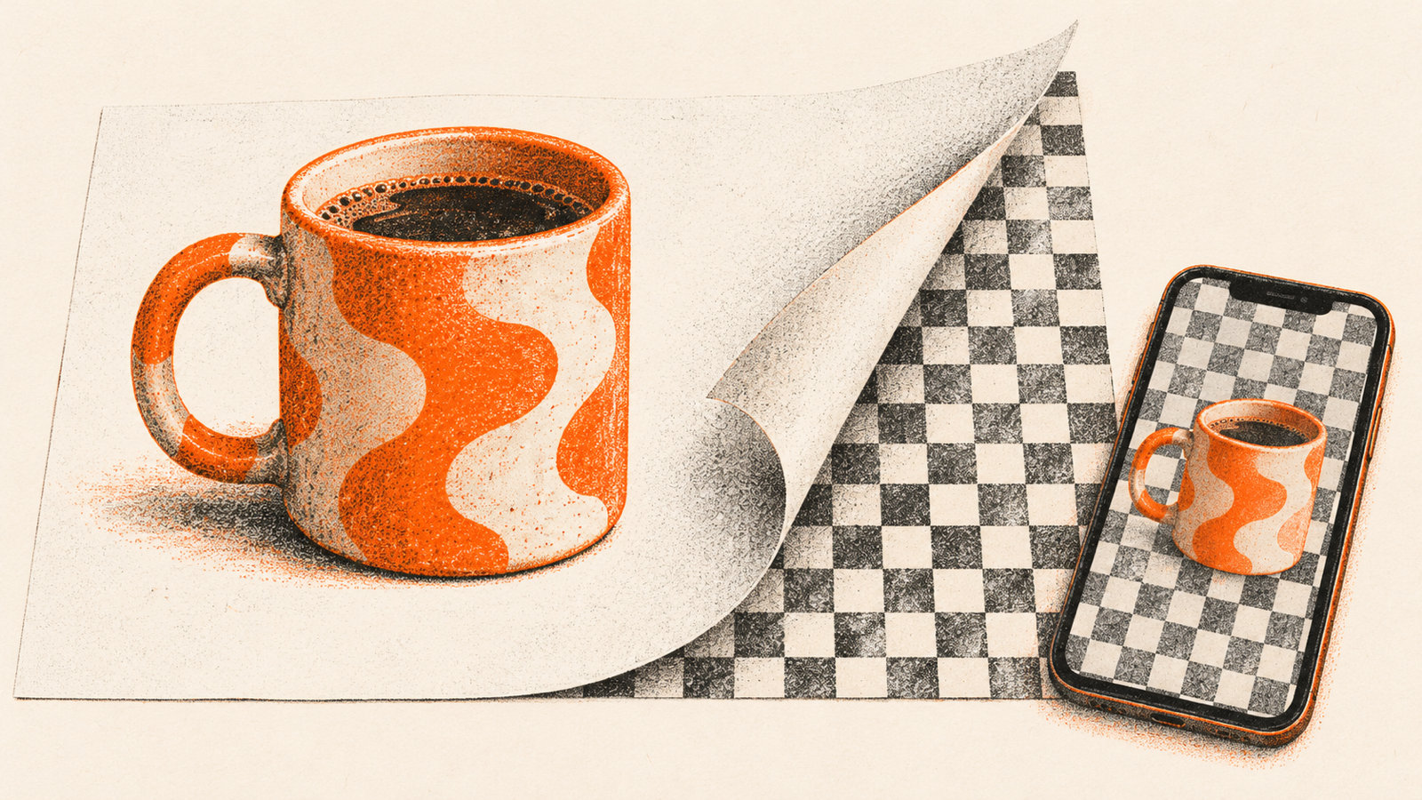Orange and black risograph print of a coffee mug on a white sheet, the sheet peeling away to reveal a transparency checkerboard, with a phone showing the same cutout