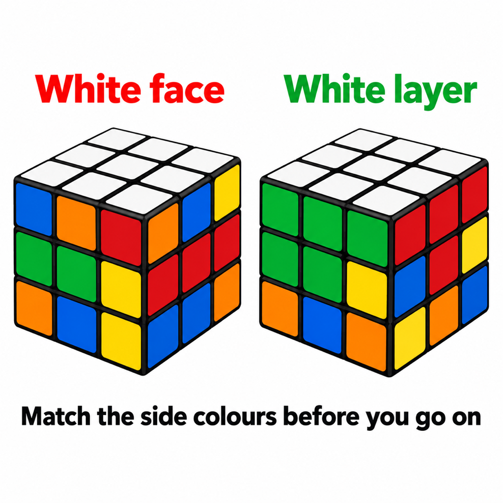Two Rubik’s cubes side by side: on the left, labelled white face, the top is all white but the side stickers below it are mixed colours; on the right, labelled white layer, the top is white and the row under it matches each side’s centre colour