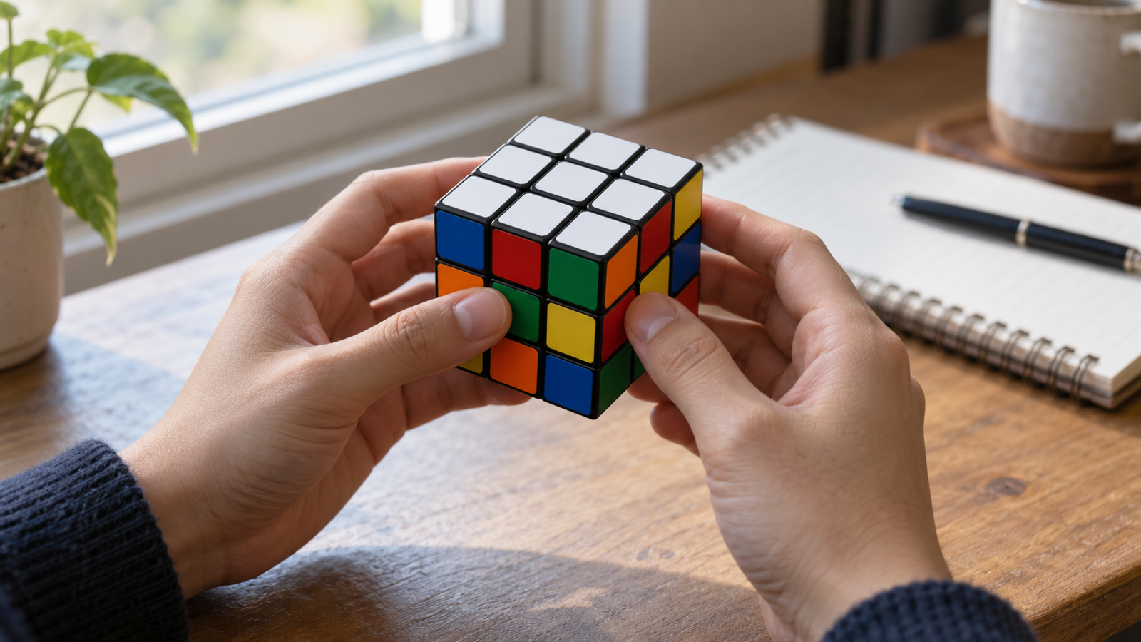 Hands holding a Rubik’s cube with the white face solved on top but mismatched colours on the sides below it
