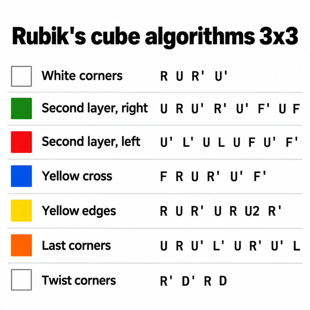 A table headed Rubik’s cube algorithms 3x3 listing seven steps and their move sequences: white corners R U R’ U’, second layer right U R U’ R’ U’ F’ U F, second layer left U’ L’ U L U F U’ F’, yellow cross F R U R’ U’ F’, yellow edges R U R’ U R U2 R’, last corners U R U’ L’ U R’ U’ L, twist corners R’ D’ R D